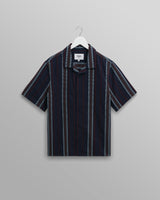 wax london men's Didcot - Navy And Multicolour Stripe Dobby Cotton Short-Sleeve Shirt