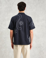 wax london men's Didcot - Navy Bold Floral Embroidered Short-Sleeve Shirt
