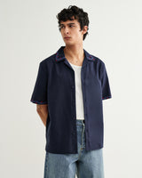 wax london men's Didcot - Navy Cross-Stitch Border Short-Sleeve Shirt