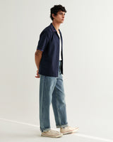 wax london men's Didcot - Navy Cross-Stitch Border Short-Sleeve Shirt