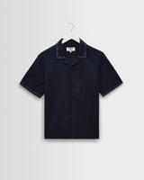 wax london men's Didcot - Navy Cross-Stitch Border Short-Sleeve Shirt