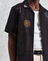 wax london men's Didcot - Navy Doodle Embroidered Short-Sleeve Shirt