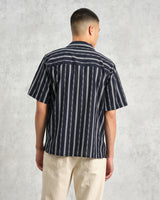 wax london men's Didcot - Navy Fleck Stripe Short-Sleeve Shirt