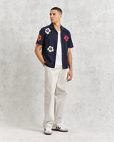 wax london men's Didcot - Navy Floral Appliqué Short-Sleeve Shirt