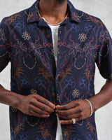 wax london men's Didcot - Navy Hawaiian Embroidered Short-Sleeve Shirt
