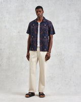 wax london men's Didcot - Navy Hawaiian Embroidered Short-Sleeve Shirt