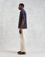 wax london men's Didcot - Navy Hawaiian Embroidered Short-Sleeve Shirt