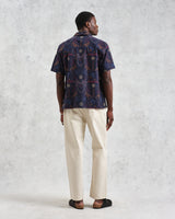 wax london men's Didcot - Navy Hawaiian Embroidered Short-Sleeve Shirt