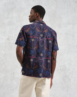 wax london men's Didcot - Navy Hawaiian Embroidered Short-Sleeve Shirt
