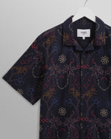 wax london men's Didcot - Navy Hawaiian Embroidered Short-Sleeve Shirt