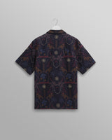 wax london men's Didcot - Navy Hawaiian Embroidered Short-Sleeve Shirt