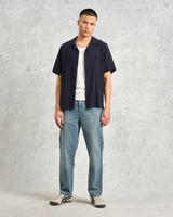 wax london men's Didcot - Navy Open Weave Cotton Short-Sleeve Shirt