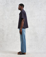 wax london men's Didcot - Navy Stripe Short-Sleeve Shirt