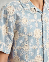 wax london men's Didcot - Pale Blue Intricate Lace Short-Sleeve Shirt