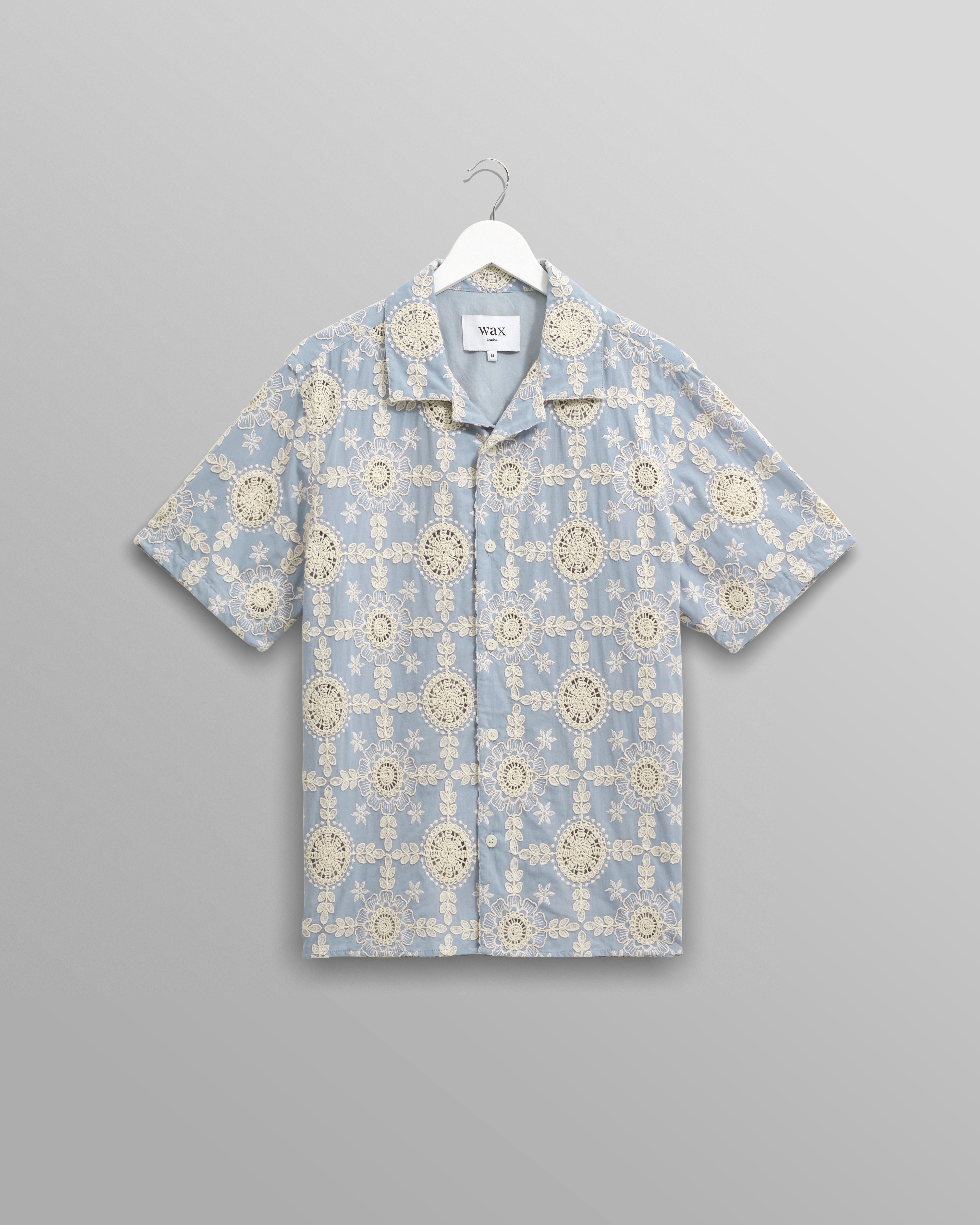 wax london men's Didcot - Pale Blue Intricate Lace Short-Sleeve Shirt