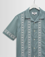 wax london men's Didcot - Sea Green And Ecru Embroidered Short-Sleeve Shirt