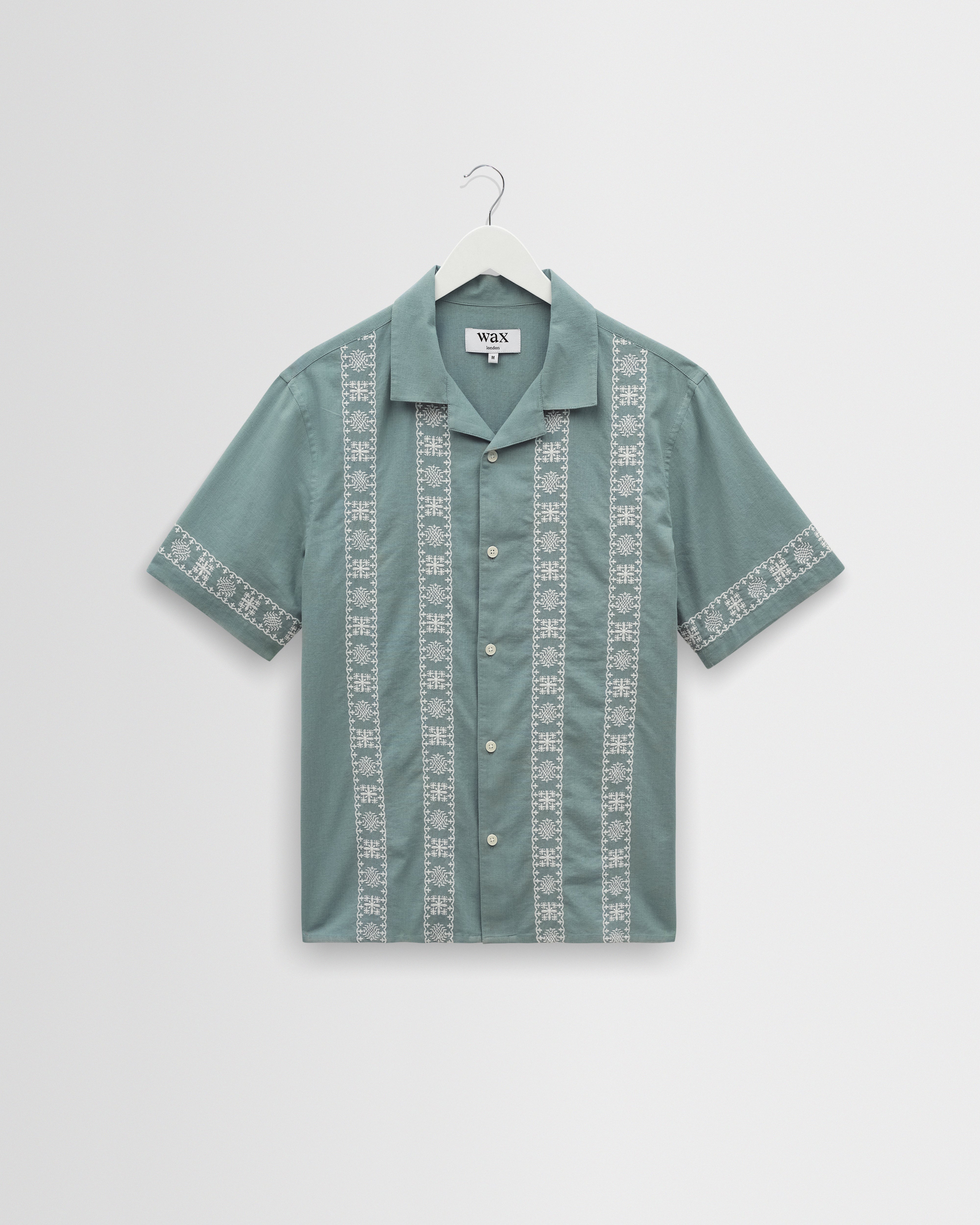 Men's Green And Ecru Embroidered Short-Sleeve Shirt | Wax London