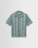 wax london men's Didcot - Sea Green And Ecru Embroidered Short-Sleeve Shirt