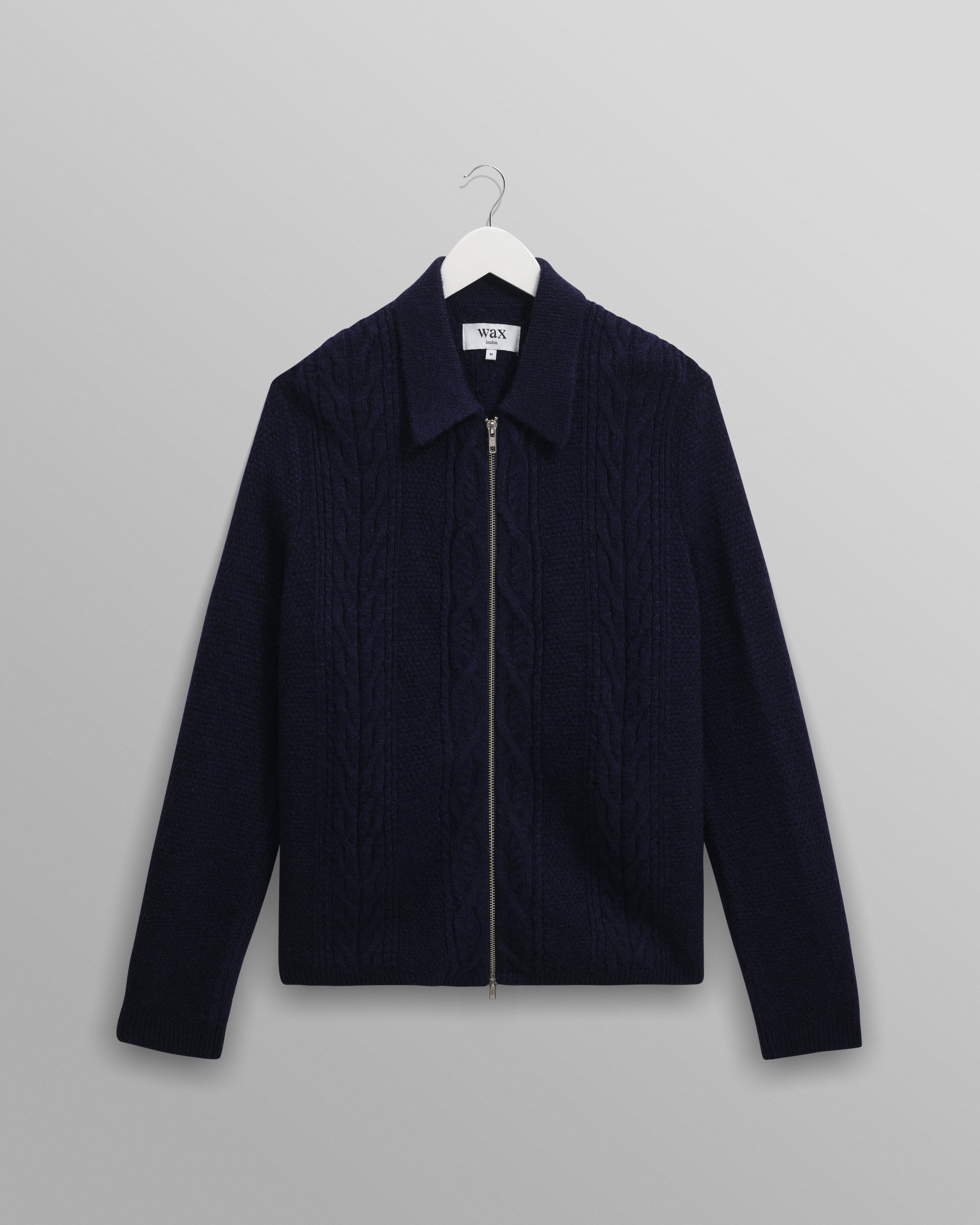Men's Navy Brush Cable Knit Zip Cardigan | Wax London