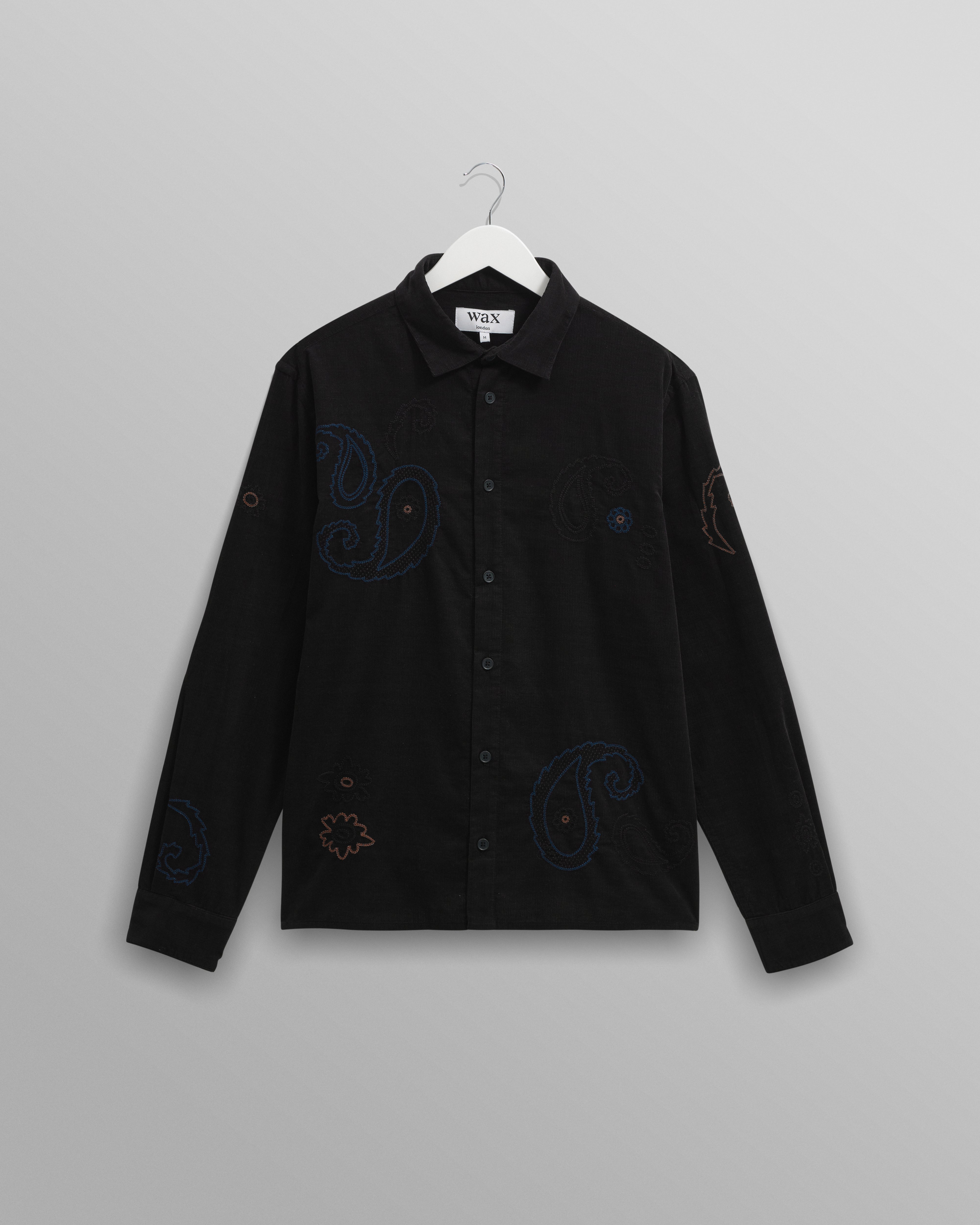 wax london men's Halcomb - Black And Multicolour Applique Corduroy Shirt