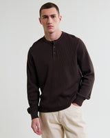 wax london men's Halton - Dark Brown Waffle Long-Sleeve Henley T-Shirt