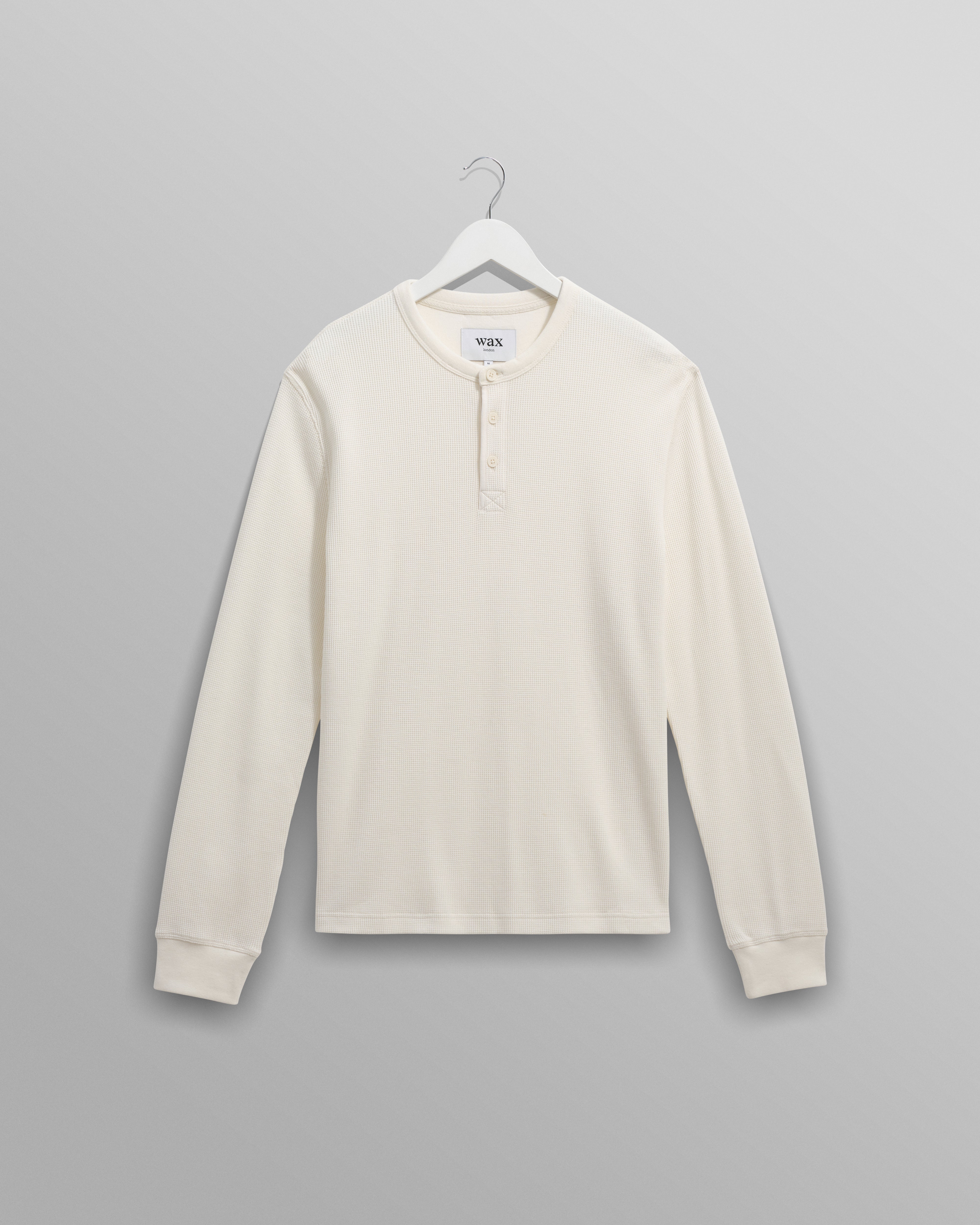 wax london men's Halton - Ecru Waffle Long-Sleeve Henley T-Shirt