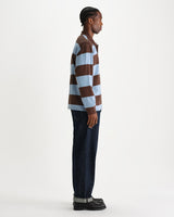 wax london men's Hartley - Brown And Blue Block Stripe Long-Sleeve Polo