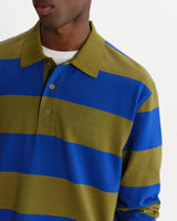wax london men's Hartley - Green And Blue Block Stripe Long-Sleeve Polo