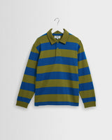 wax london men's Hartley - Green And Blue Block Stripe Long-Sleeve Polo