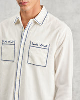 wax london men's Haven - Ecru And Blue Embroidered Shirt