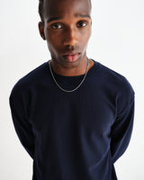 wax london men's Hayden - Navy Textured Organic Cotton Long Sleeve T-Shirt