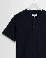 wax london men's Hill - Black Slub Organic Cotton Henley T-Shirt