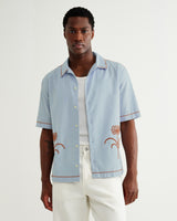 wax london men's Keats - Light Blue And Rust Embroidered Short-Sleeve Shirt
