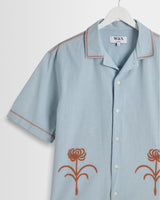 wax london men's Keats - Light Blue And Rust Embroidered Short-Sleeve Shirt