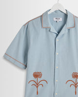 wax london men's Keats - Light Blue And Rust Embroidered Short-Sleeve Shirt