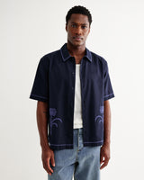 wax london men's Keats - Navy And Blue Embroidered Short-Sleeve Shirt