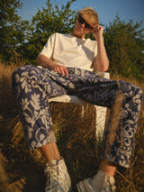 wax london men's Kurt - Blue And Ecru Floral Jacquard Relaxed Fit Trousers