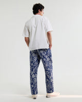 wax london men's Kurt - Blue And Ecru Floral Jacquard Relaxed Fit Trousers
