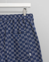 wax london men's Kurt - Indigo And Ecru Geometric Grid Stitch Shorts