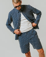 wax london men's Kurt - Indigo And Ecru Geometric Grid Stitch Shorts