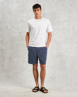 wax london men's Kurt - Indigo And Ecru Geometric Grid Stitch Shorts