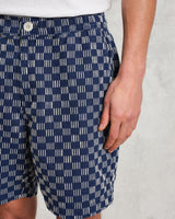 wax london men's Kurt - Indigo And Ecru Geometric Grid Stitch Shorts