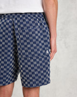 wax london men's Kurt - Indigo And Ecru Geometric Grid Stitch Shorts