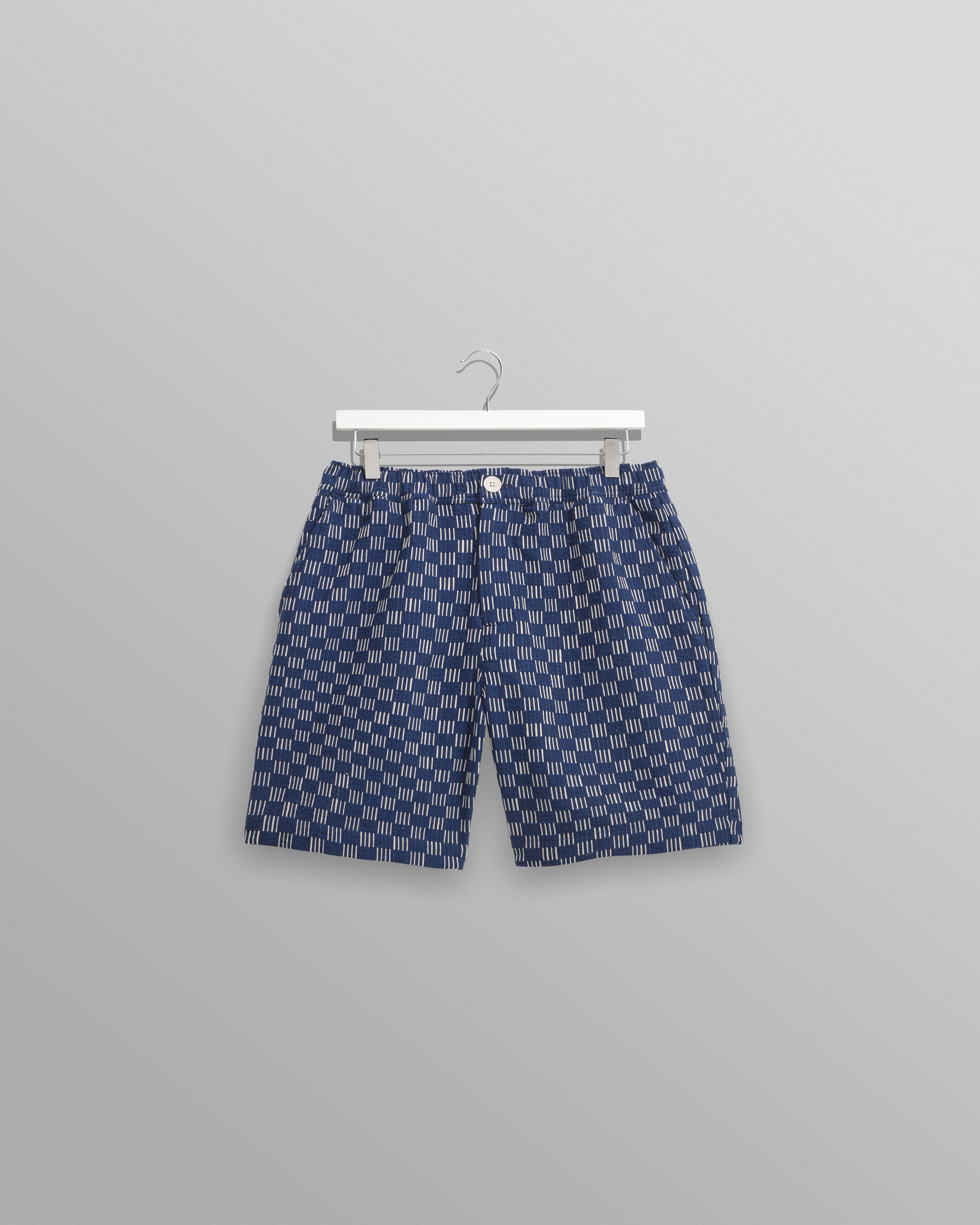 wax london men's Kurt - Indigo And Ecru Geometric Grid Stitch Shorts