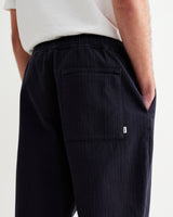 wax london men's Kurt - Navy Crinkle Cotton-Linen Relaxed Fit Trousers