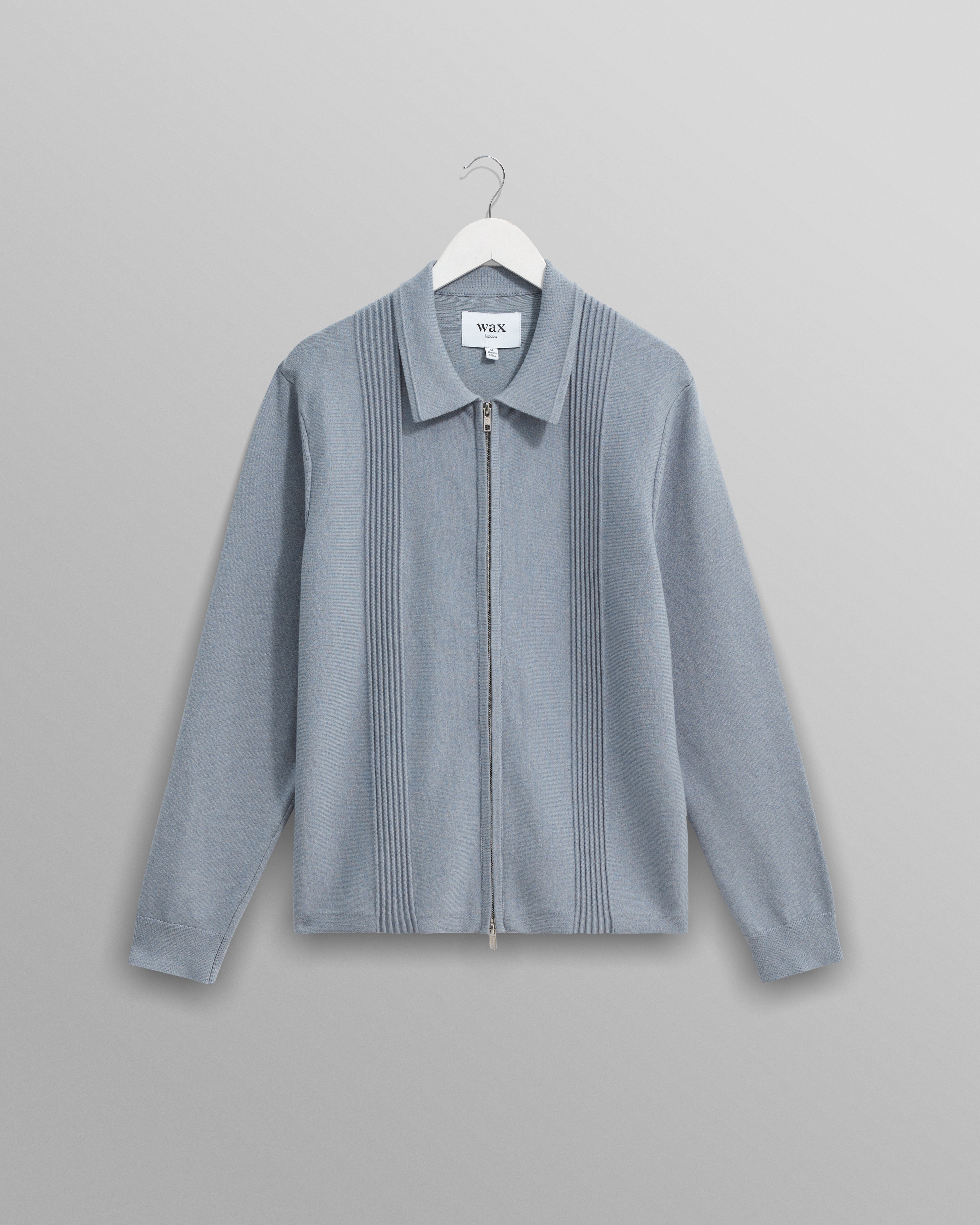 wax london men's Lennox - Grey Blue Milano Stripe Knitted Polo