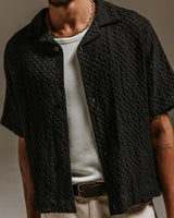 wax london men's Lido - Black Dobby Cotton Weave Short-Sleeve Shirt