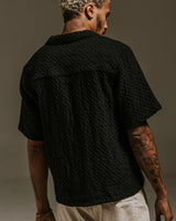 wax london men's Lido - Black Dobby Cotton Weave Short-Sleeve Shirt