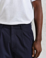 wax london men's Linton - Navy Cotton Seersucker Pleated Shorts