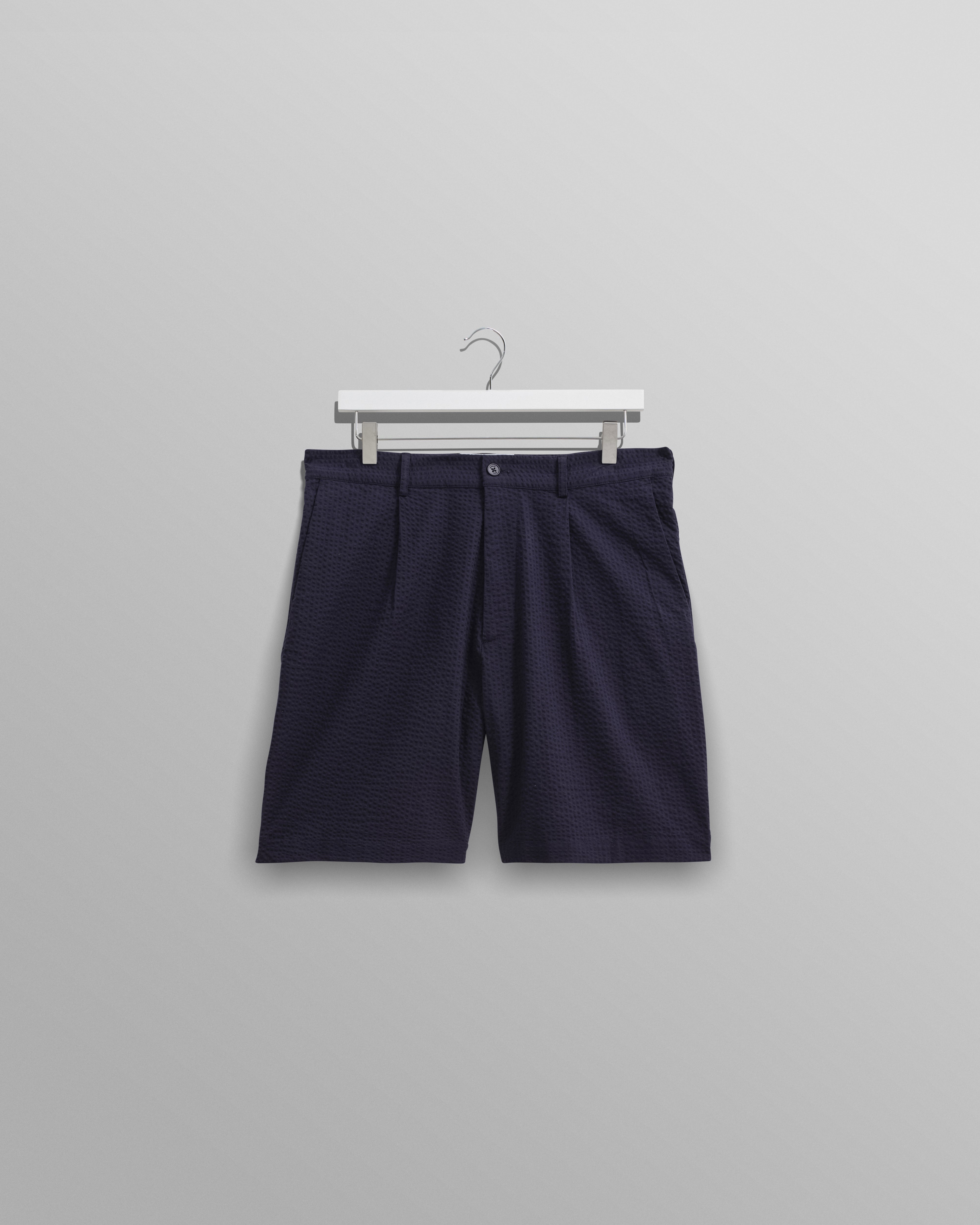 wax london men's Linton - Navy Cotton Seersucker Pleated Shorts